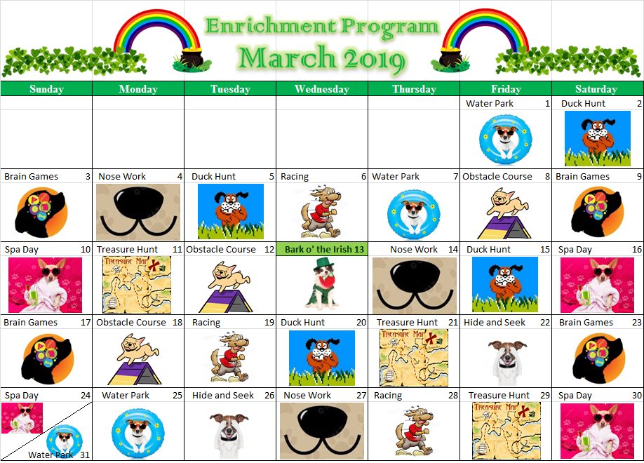 Dog Daycare Enrichment Calendar March 2019 Canine Cabana